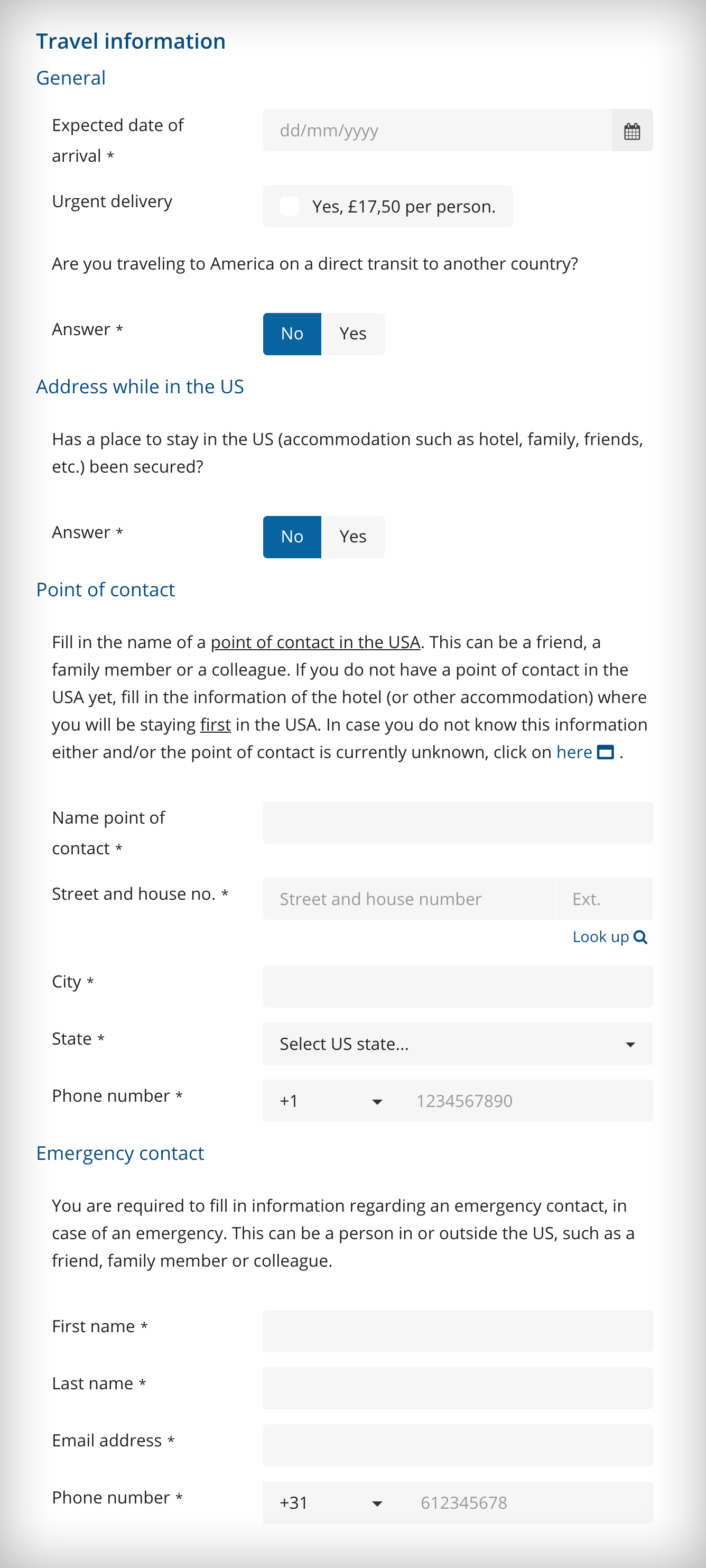 ESTA form: travel details